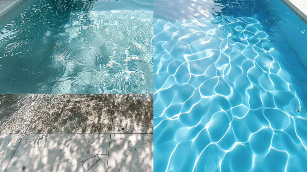 Comparaison avant après nettoyage fond piscine : gauche eau trouble avec dépôts brunâtres, droite eau cristalline parfaitement propre