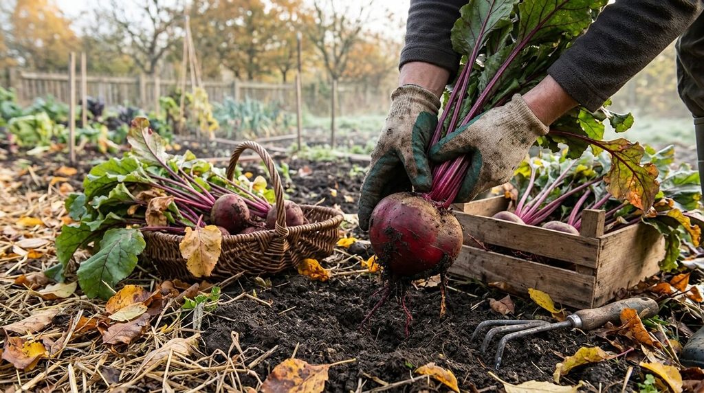Extraction de betteraves rouges rondes du sol potager avant les premières gelées d'automne.