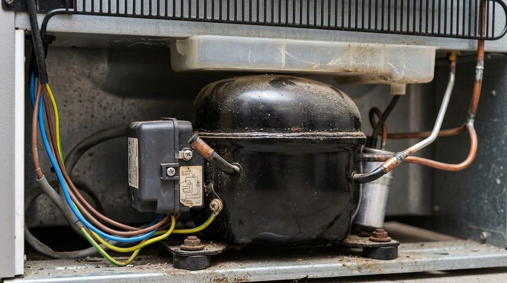 Gros plan sur le compresseur et le boîtier de démarrage à l'arrière d'un réfrigérateur.