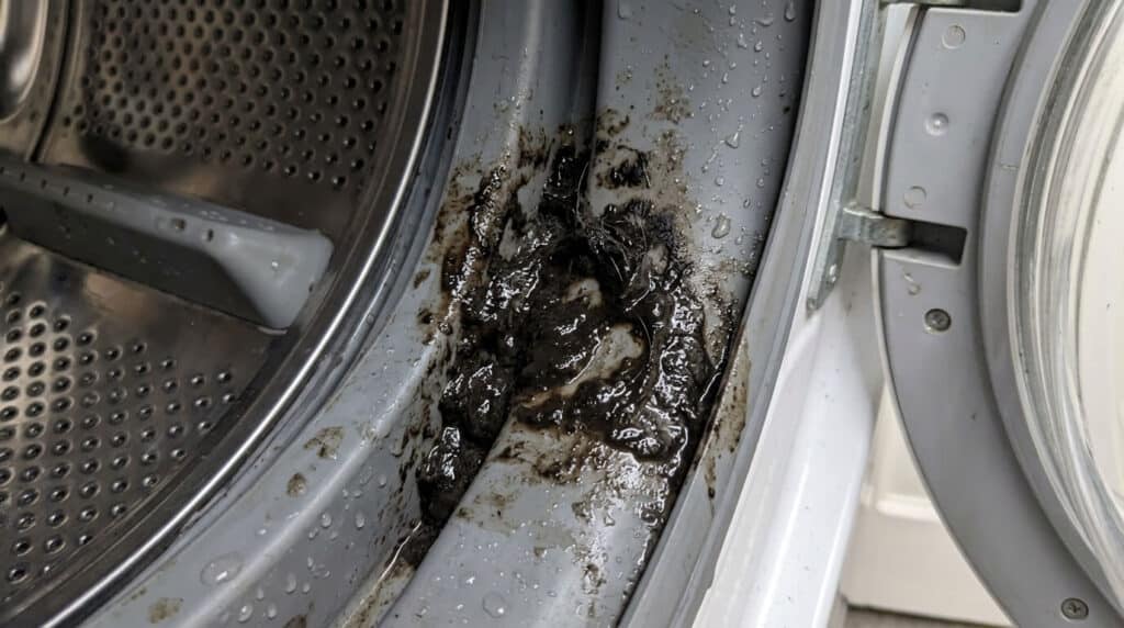 Amas de boue noire gluante logé dans le pli du joint en caoutchouc d'un hublot de lave-linge.