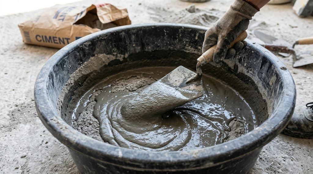 Peut-on faire du ciment sans sable ? 3 Mélange d'eau et de poudre de ciment pur à la truelle sans ajout de granulat.