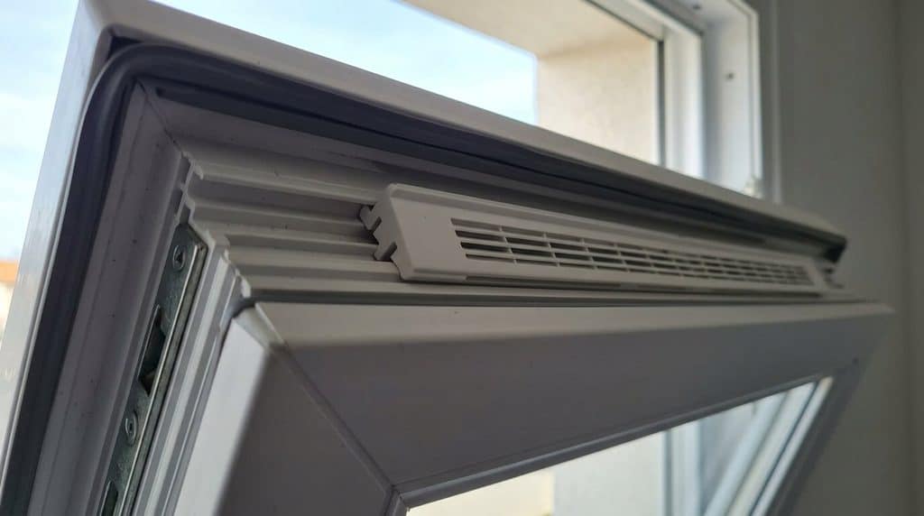 Grille d'aération clipsée dans la feuillure supérieure d'un ouvrant de fenêtre en PVC blanc.