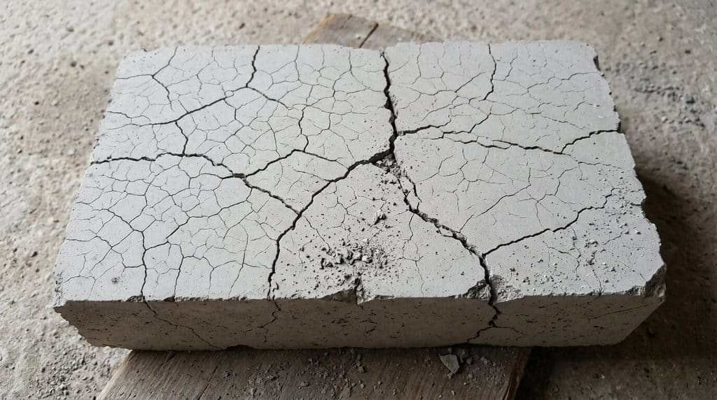 Peut-on faire du ciment sans sable ? 4 Craquelures et faïençage sur un bloc de ciment pur gâché sans sable après séchage.