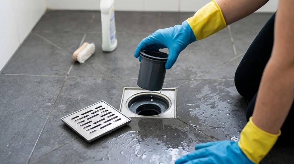 Retrait de la grille et de la tasse de garde d'eau pour nettoyer la bonde d'une douche italienne.