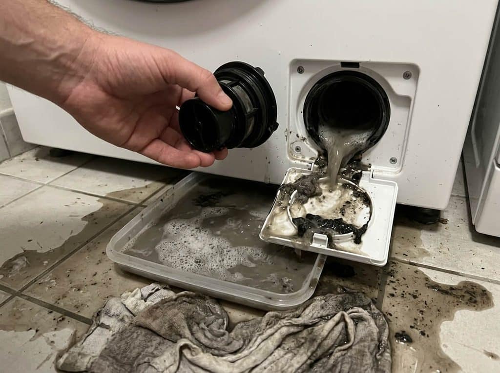 Dévissage du filtre de vidange inférieur de machine à laver rejetant de l'eau grise et des résidus de boue.