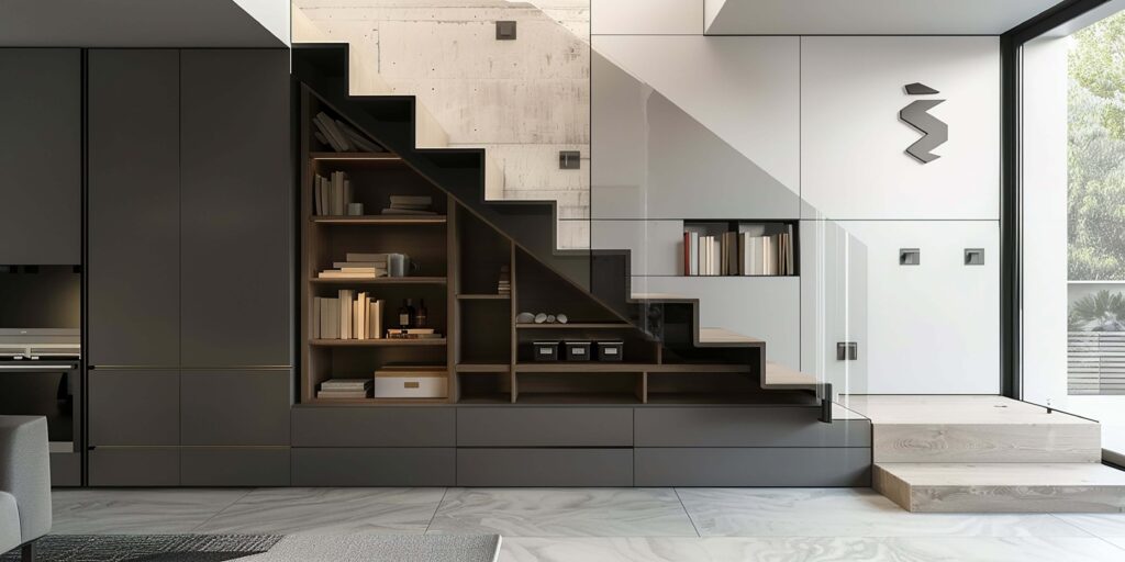 Dressing sur mesure sous escalier avec étagères en bois, tringles et rangements optimisés dans un intérieur moderne