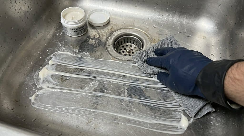 Évier inox taché par un acide : comment réagir 4 Application d'une pâte à polir abrasive fine dans le sens du brossage de l'inox.