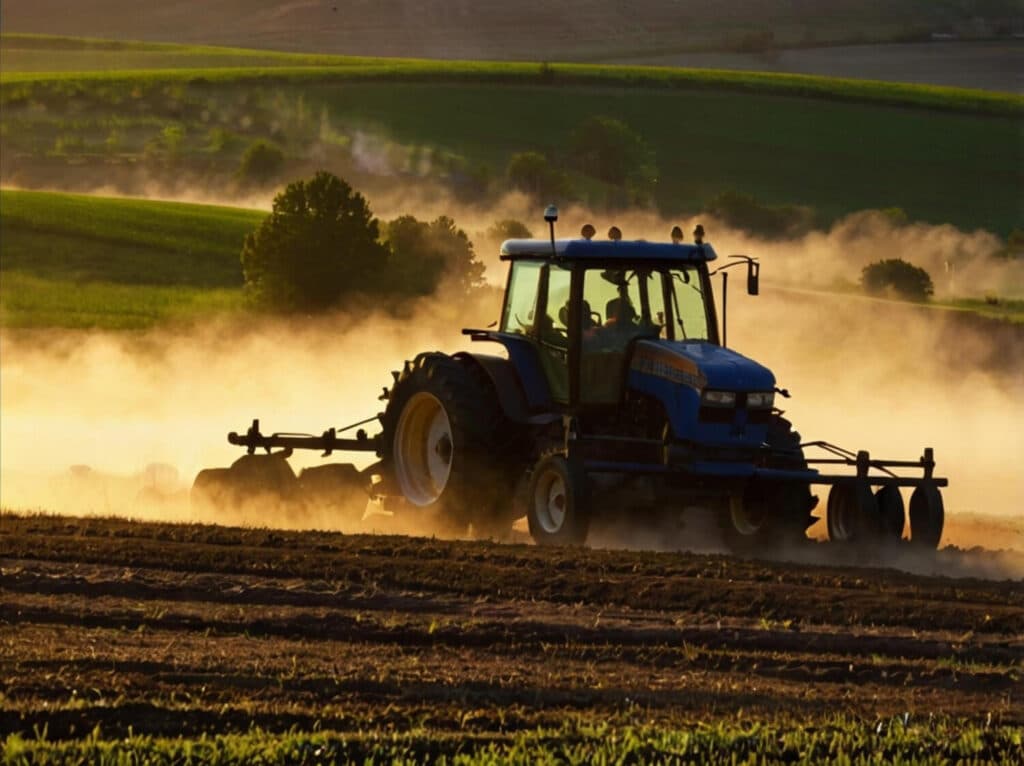 Tracteur labourant un champ, illustrant les travaux des champs selon les saisons.