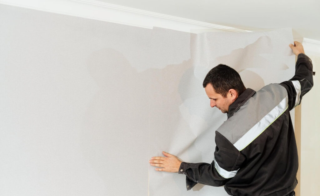 homme qui tapisse sur une tapisserie existante