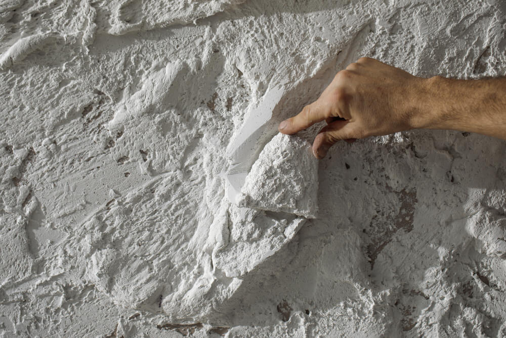 Application d'un enduit chaux-plâtre sur un mur intérieur en pierre.