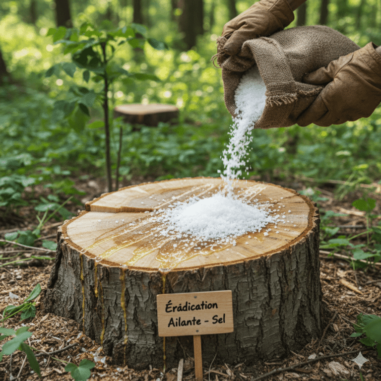 Souche d'un ailante (Ailanthus altissima) fraîchement coupée, montrant la sève et le bois.