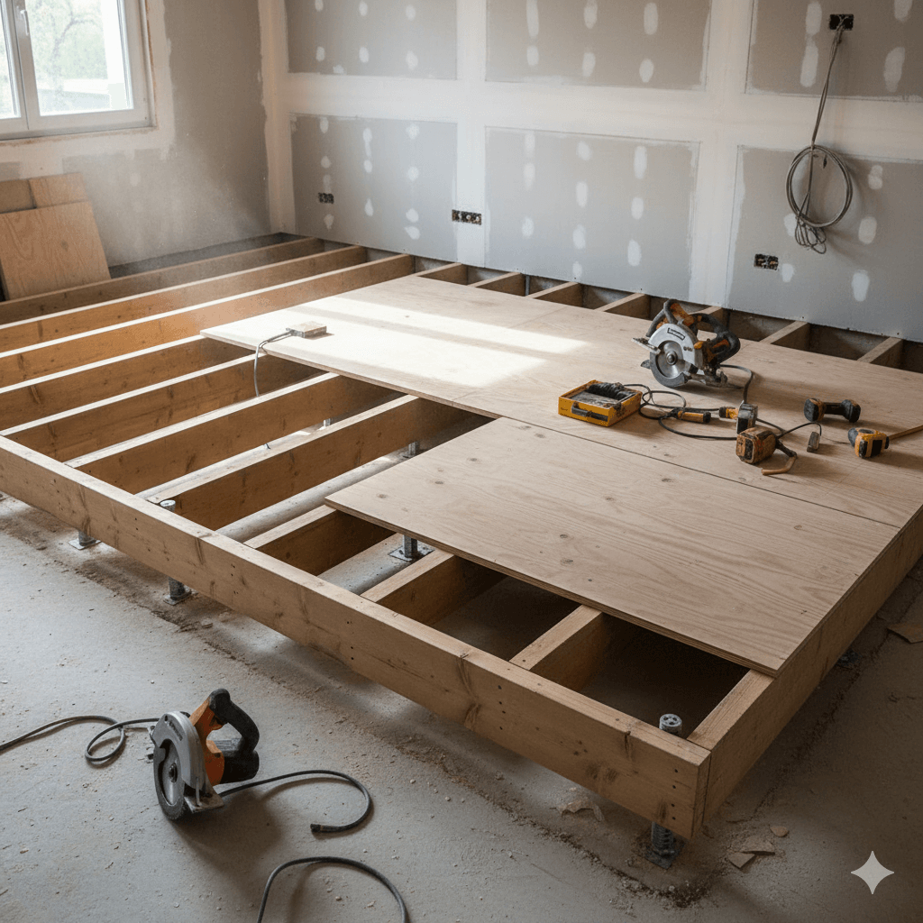 Chantier de rénovation montrant la création d'un plancher surélevé sur une structure de solives en bois.