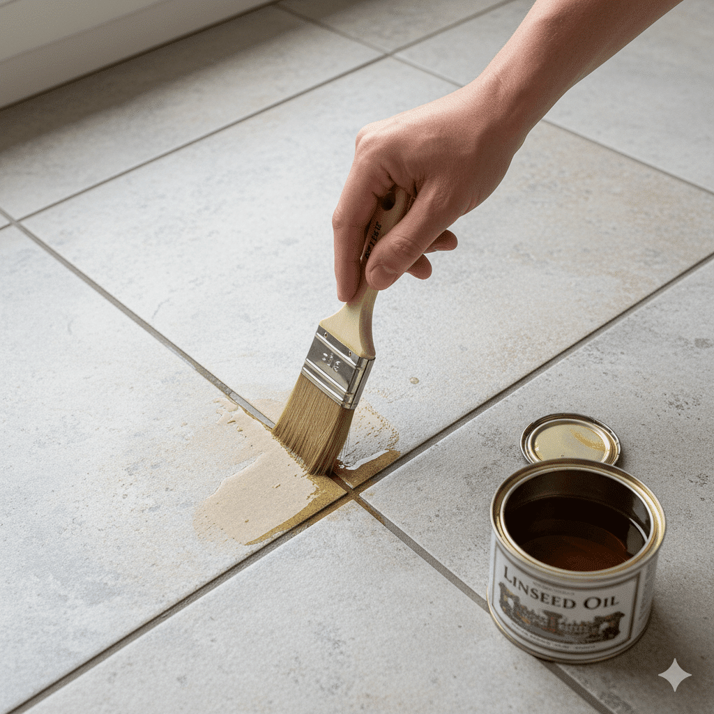Pinceau appliquant de l'huile de lin sur des joints de carrelage en ciment sur un sol.
