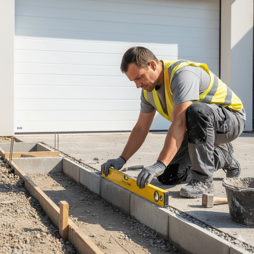 Maçon vérifiant avec un niveau à bulle la pente d'un caniveau en cours de pose devant une porte de garage.