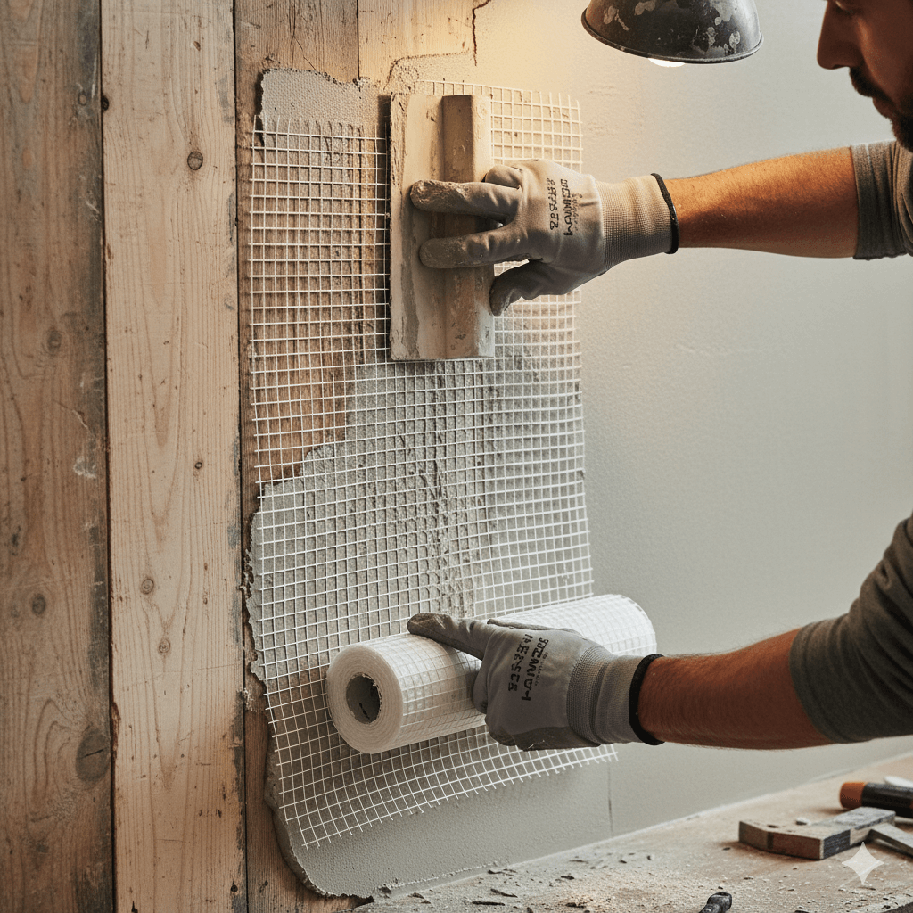 Peut-on plâtrer ou enduire directement sur du bois ? 2 Main d'un artisan marouflant une trame de fibre de verre sur un mur en bois avant d'appliquer un enduit.