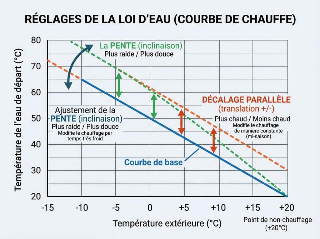Graphique d'ajustement de la pente et du décalage parallèle de la loi d'eau sur régulation de chauffage.