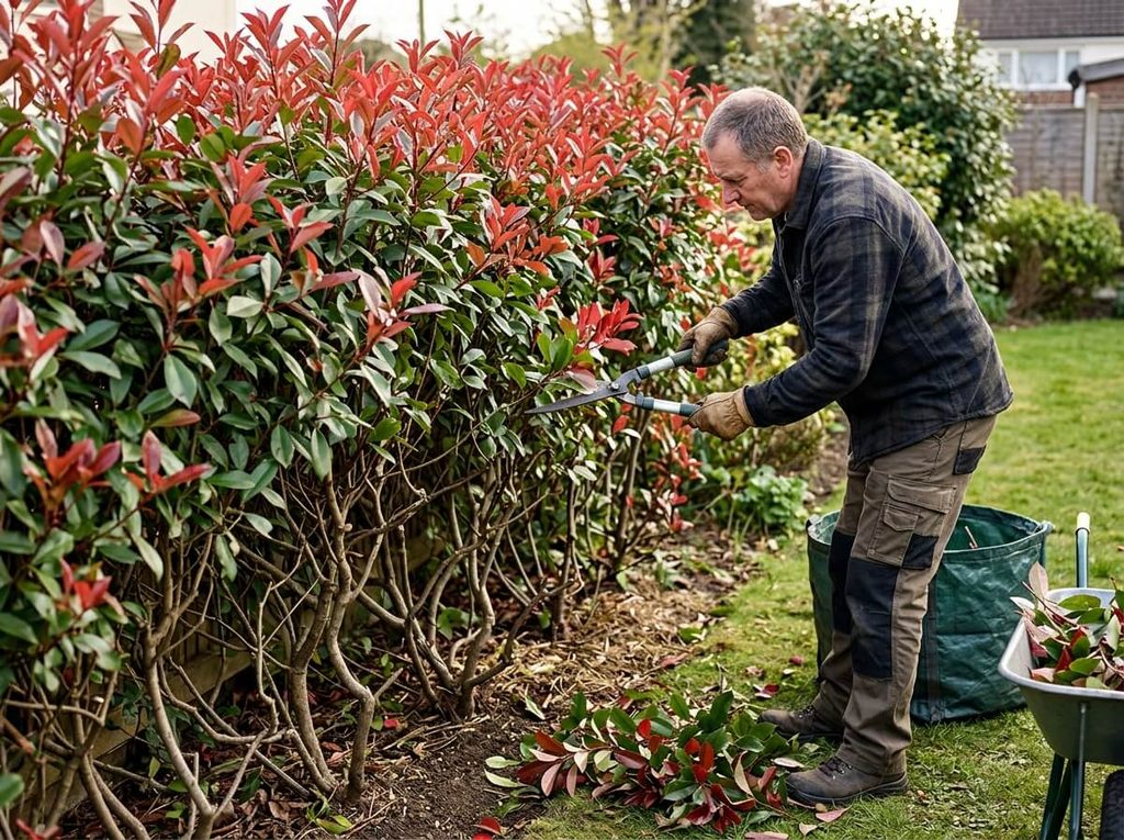 Photinia qui perd ses feuilles : causes et traitements 4 Jardinier taillant une haie de photinias Red Robin dégarnie de la base pour stimuler de nouvelles pousses.
