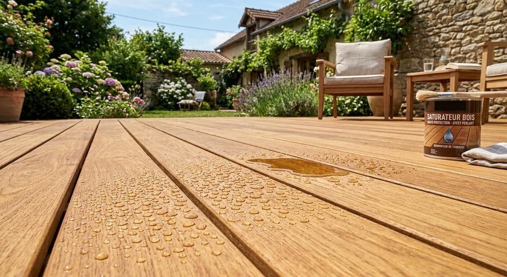 Pluie sur un saturateur pas sec : que faire ? 3 Terrasse en bois parfaitement sèche avec effet perlant protecteur après rattrapage du saturateur.