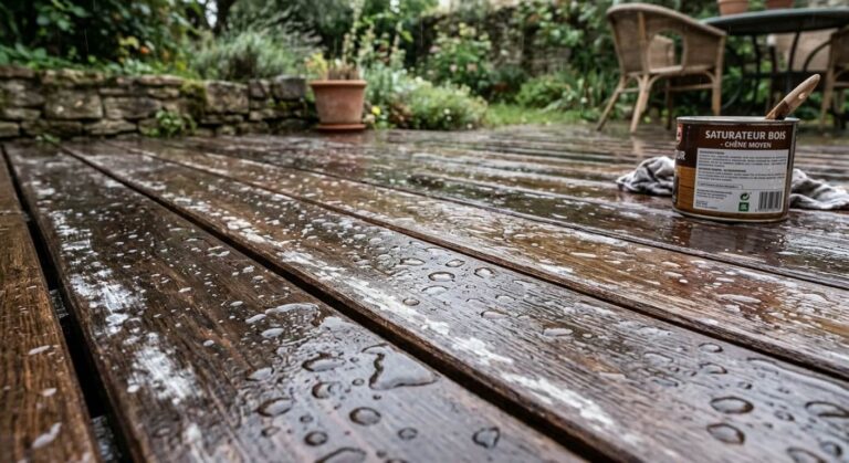 Accueil 2 Gouttes de pluie et taches blanchâtres sur les lames d'une terrasse en bois traitée récemment au saturateur.