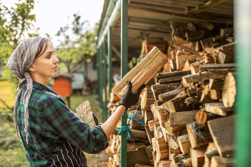 Tas de bois de chauffage bien rangé le long d'un mur dans un jardin.