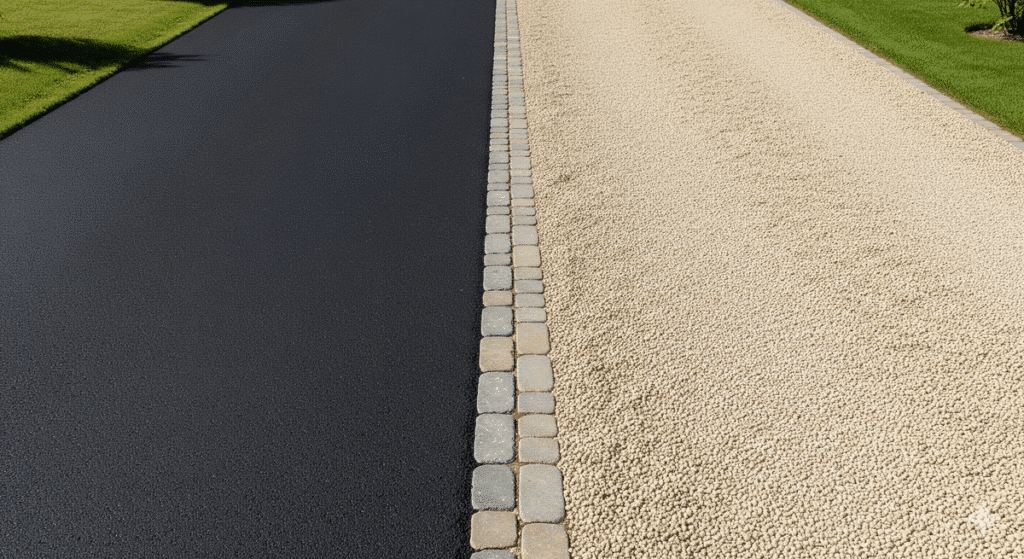 Comparaison visuelle entre une allée en enrobé noir et une allée en gravier stabilisé beige.