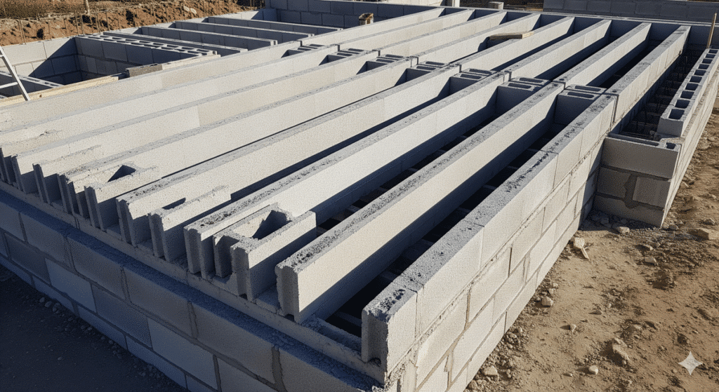 Construire une terrasse sur vide sanitaire : avantages et technique 2 Chantier de terrasse en béton sur vide sanitaire, montrant les poutrelles et les hourdis avant le coulage.