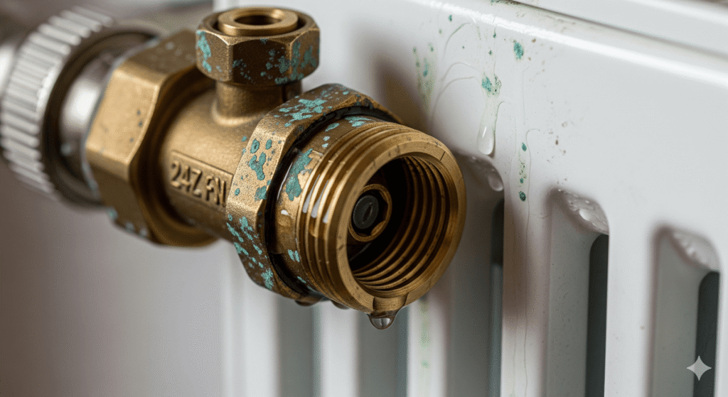 Purgeur automatique en laiton sur un radiateur, avec des traces de fuite d'eau.