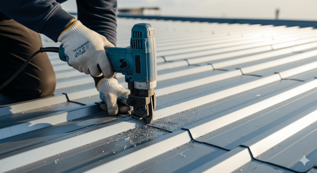 Ouvrier utilisant une grignoteuse électrique pour couper une tôle de bac acier sur un toit.