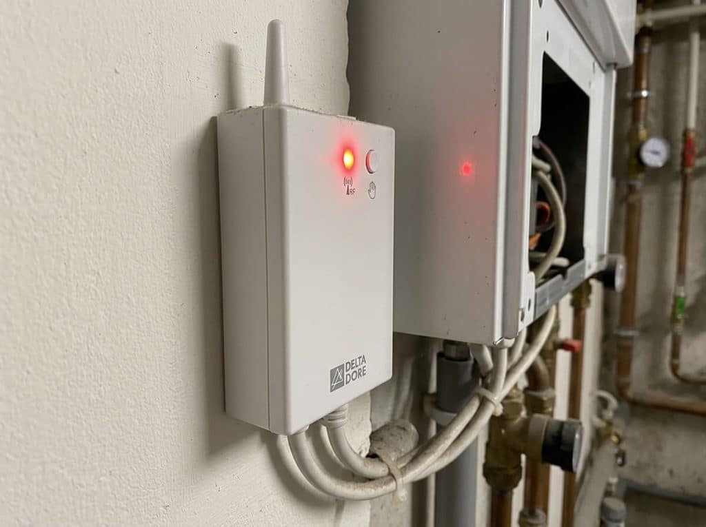 Voyant rouge d'anomalie radio allumé sur le récepteur Tybox raccordé à la chaudière.