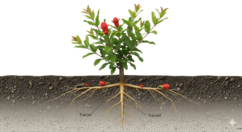 Jeune grenadier en terre, schéma montrant son système racinaire pivotant et traçant.