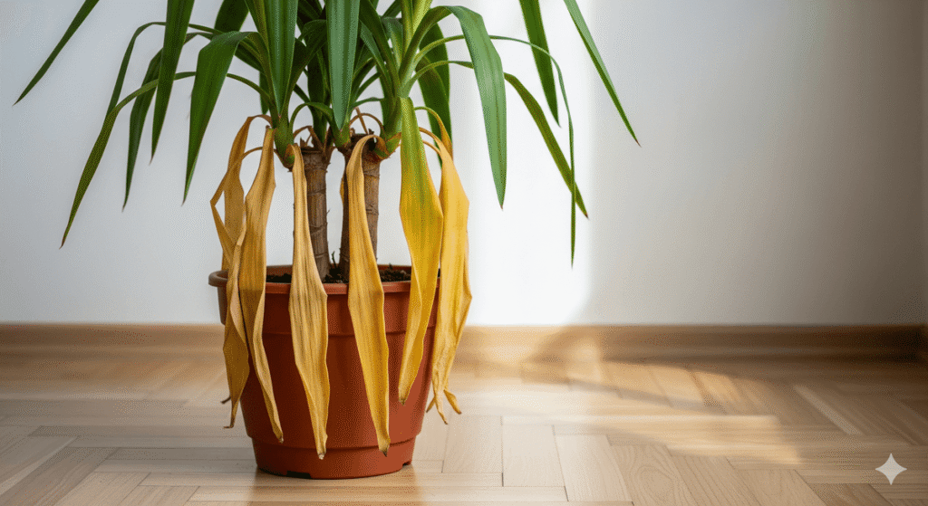 Yucca en pot d'intérieur avec des feuilles basses jaunes et molles qui pendent.