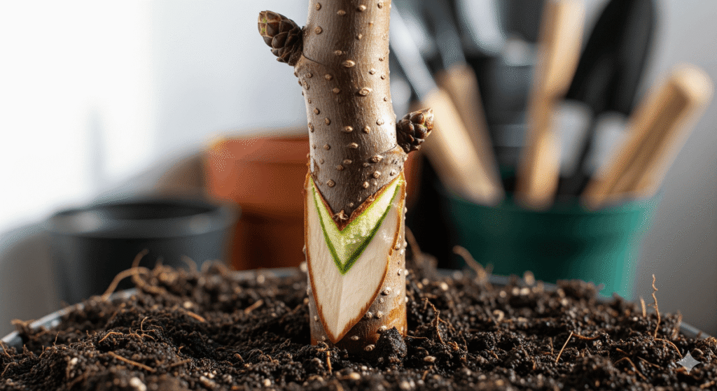 Peut-on bouturer un pommier ? Technique et taux de réussite 2 Rameau de pommier coupé en biseau prêt à être planté dans du terreau pour bouturage.