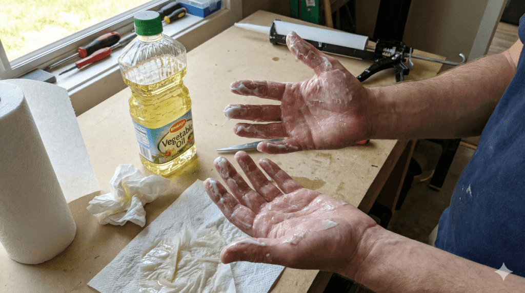 Mains couvertes de mastic silicone blanc, avec une bouteille d'huile et du papier essuie-tout.