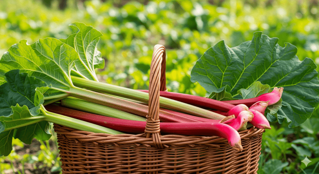 Tiges de rhubarbe fraîchement récoltées dans un jardin au printemps.
