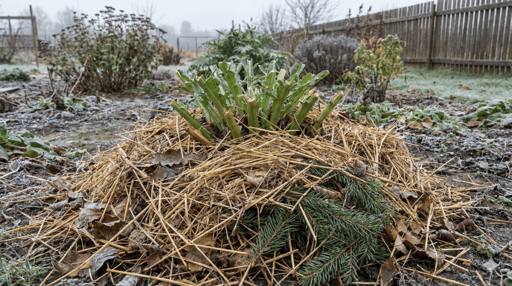 Pied d'artichaut rabattu et protégé par un paillage pour l'hiver.