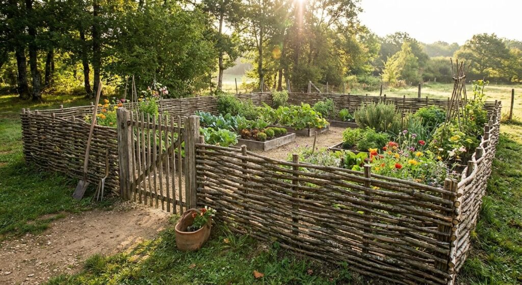Une bordure en plessis de châtaignier tressé délimitant un potager