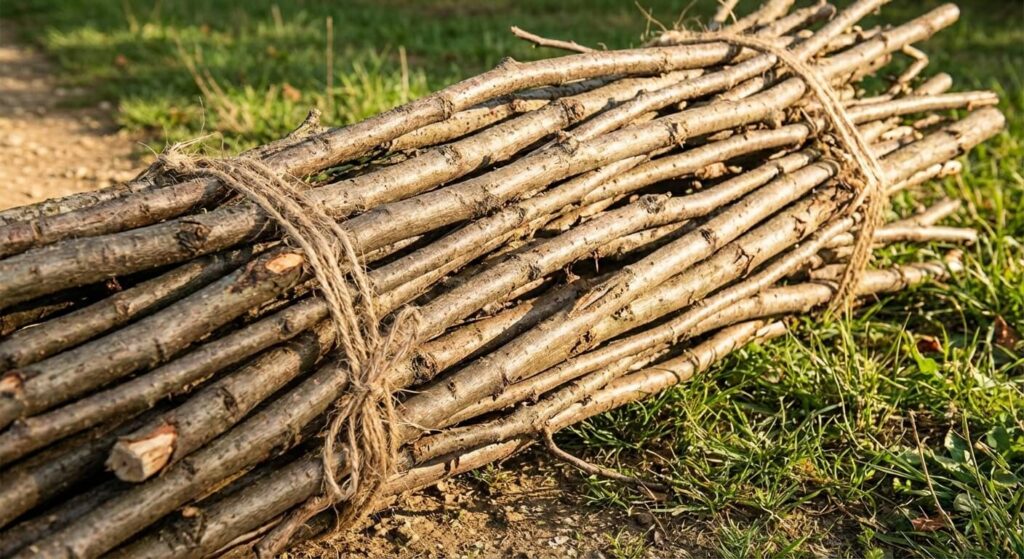Gros plan sur un fagot de gaulettes de châtaignier brutes