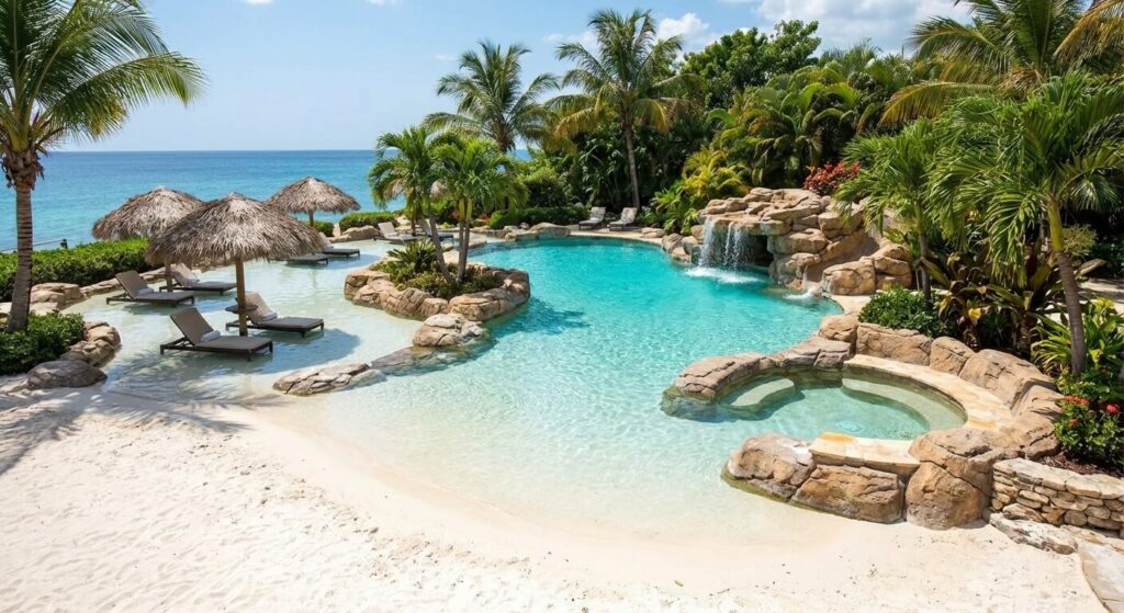 Piscine lagon de forme libre avec plage immergée aspect sable