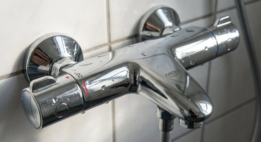 Gros plan sur un mitigeur de douche thermostatique chromé