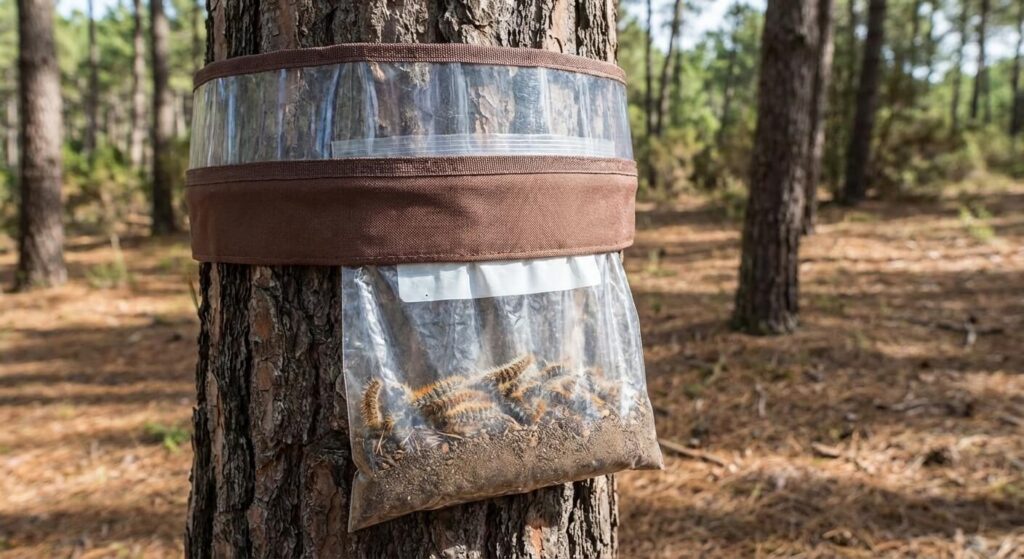 Piège mécanique écologique installé sur un tronc de pin