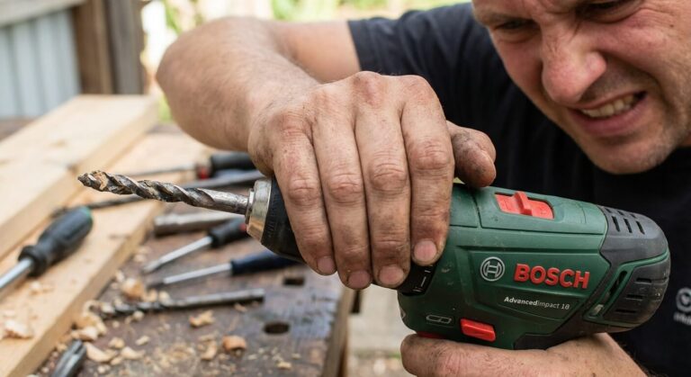 Accueil 8 Tentative de déblocage manuel d'un mandrin auto-serrant sur une perceuse Bosch verte avec un foret coincé.