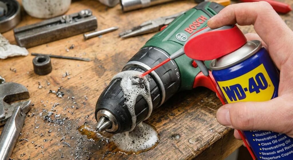 Pulvériser généreusement un dégrippant pénétrant (type WD-40) à l'intérieur du mandrin, entre les mors et le corps d'une perceuse Bosh