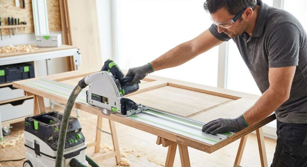 Utilisation d'une scie circulaire sur rail pour recouper le bas d'une porte de 2 cm proprement.