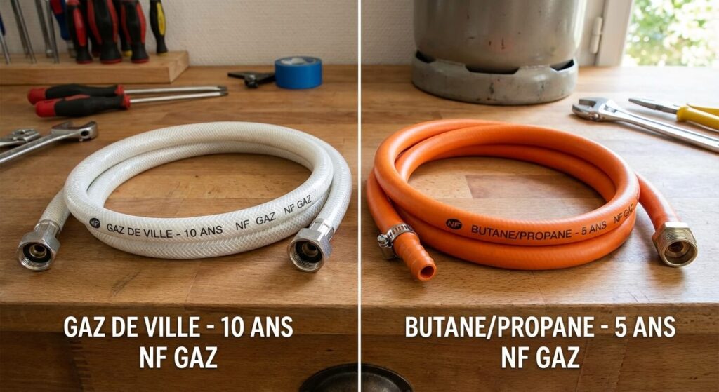 Comparaison visuelle entre un flexible blanc pour gaz de ville à visser et un tuyau orange pour gaz bouteille avec tétine.