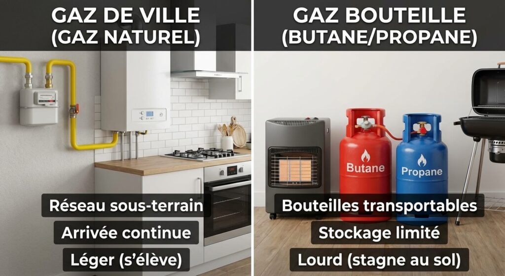 Comparaison visuelle entre Gaz de Ville (Gaz Naturel) et Gaz Bouteille (Butane/Propane)
