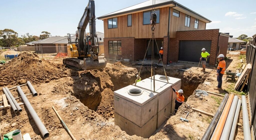 Chantier d'installation d'une cuve de rétention d'eau pluviale enterrée en béton dans le jardin d'une maison neuve.