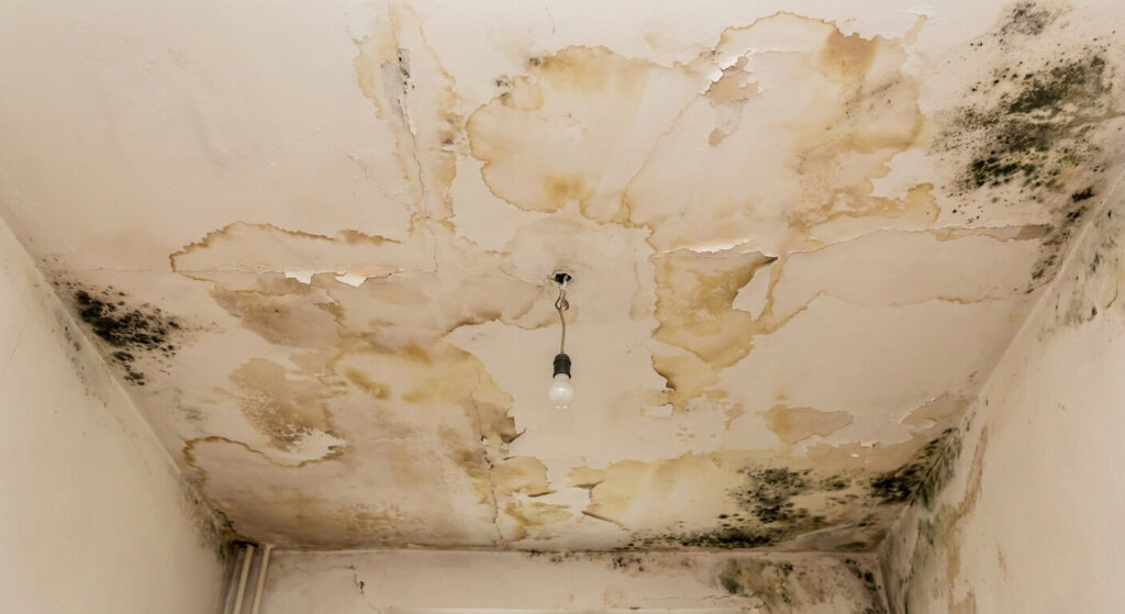 Plafond d'un appartement en location présentant de larges auréoles d'humidité et de moisissure suite à une infiltration non traitée.