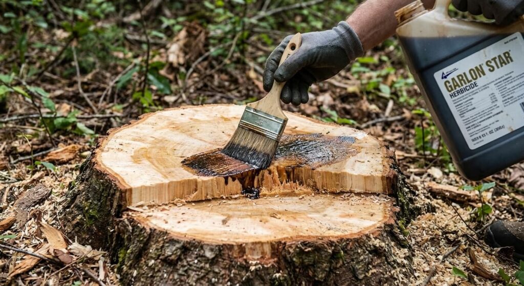 Application de débroussaillant Garlon Star au pinceau sur une souche fraîchement coupée.