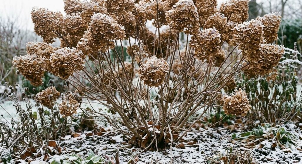 Massif d'hortensias en hiver avec les fleurs séchées laissées sur les tiges pour protéger les bourgeons du gel.