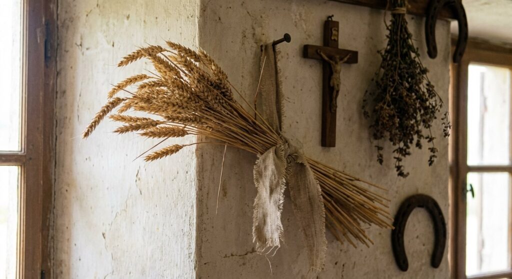 Bouquet de 13 épis de blé séchés liés par un ruban, accroché au mur comme porte-bonheur traditionnel.